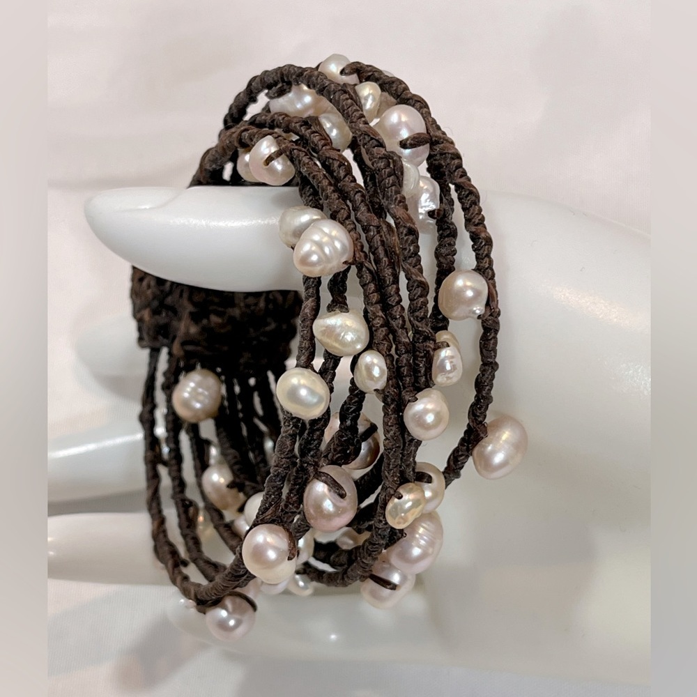 Handmade Brown Cord Pearl Wrap Bracelet
